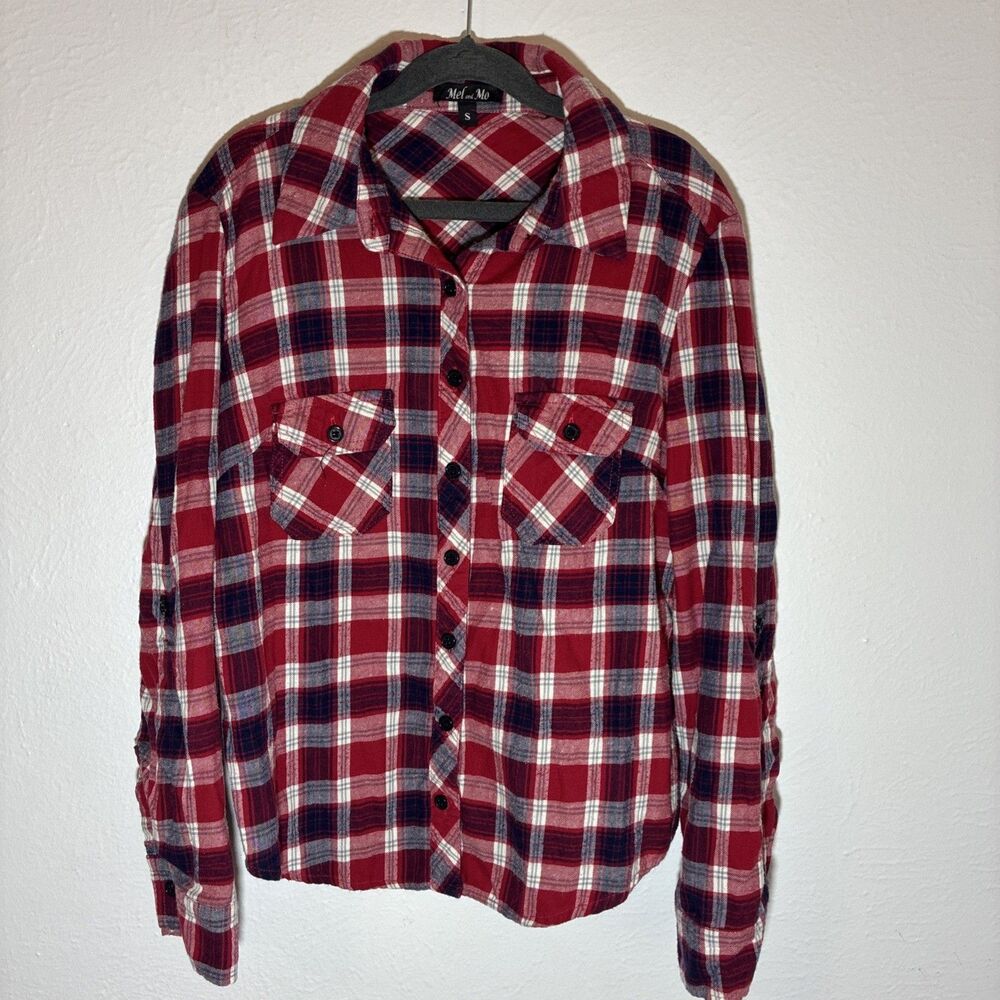 Mel & Mo Red and White Plaid Button-Up Mid-Long Sleeve Shirt Size Small